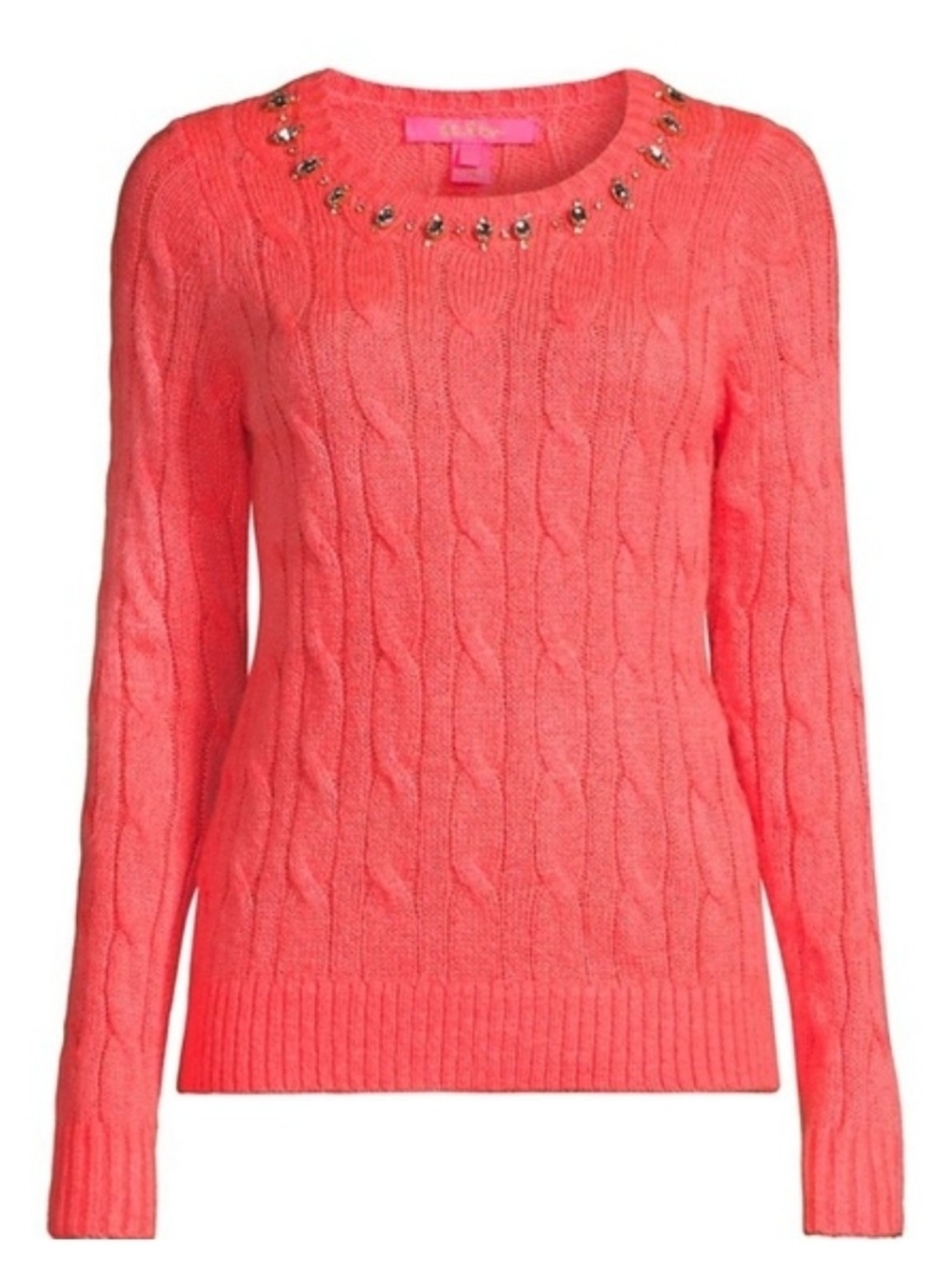 Lilly Pulitzer Dario Coral Pink Cable-Knit Sweater with Jewel Crew Neck Sz M